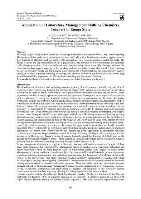 Application of laboratory management skills by chemistry teachers in enugu state
