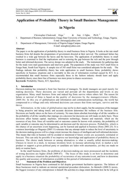 Application of probability theory in small business management in nigeria