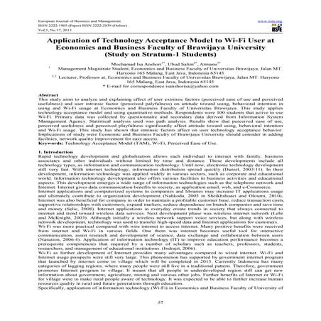 Application of technology acceptance model to wi fi user at economics and bus...