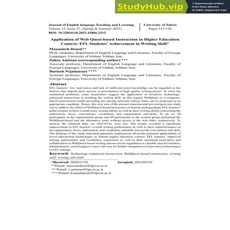 Application Of WebQuest-Based Instruction In Higher Education Context  EFL St...