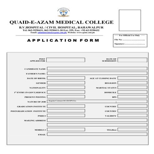 Application Performa of Quaid-e-Azam Medical College Bahawalpur