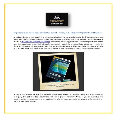 Applications of The Business Hierarchy of Needs®