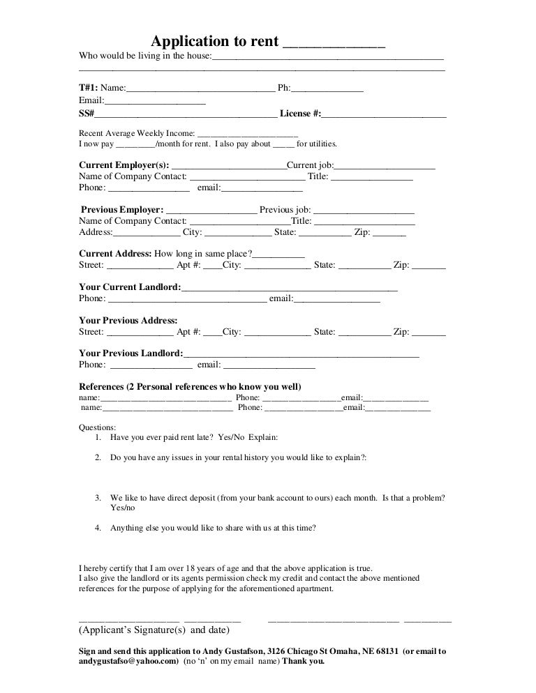 Application to rent apartment