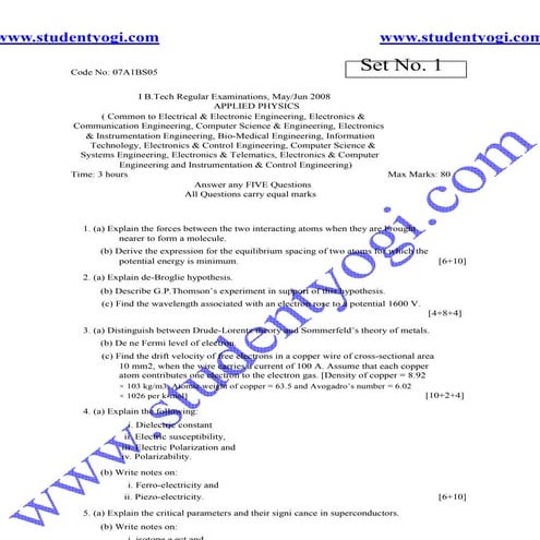 Applied Physics Jntu Btech 2008 Jntu Model Paper{Www.Studentyogi.Com}