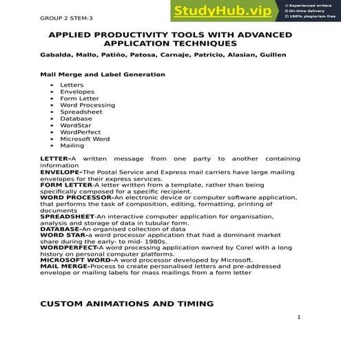 APPLIED PRODUCTIVITY TOOLS WITH ADVANCED APPLICATION TECHNIQUES CUSTOM ANIMAT...