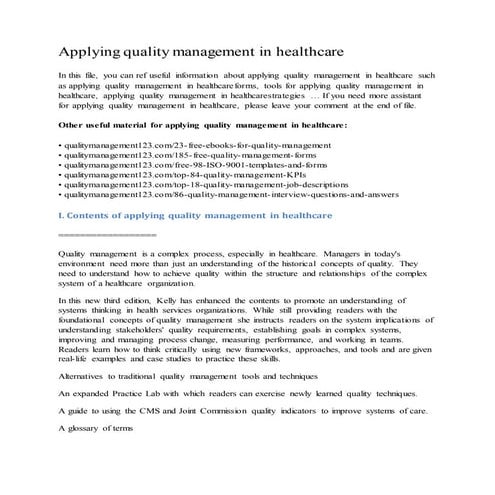 Applying quality management in healthcare
