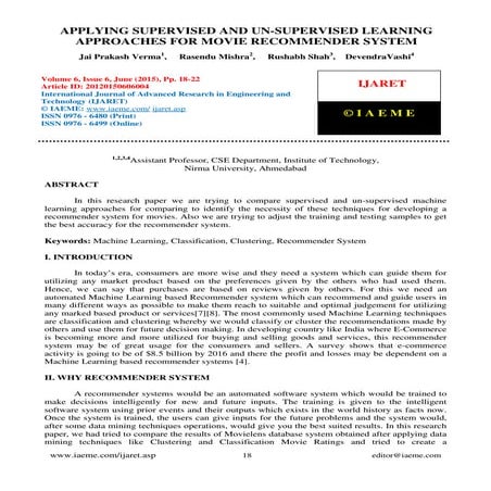 APPLYING SUPERVISED AND UN-SUPERVISED LEARNING APPROACHES FOR MOVIE RECOMMEND...