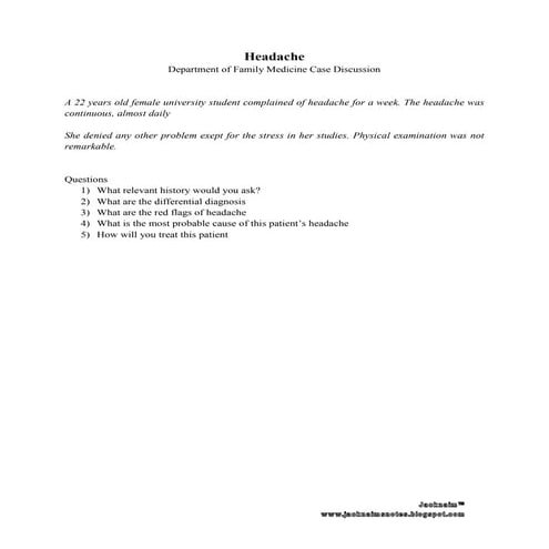 Approach to headache family medicine case discussion 2010 | PDF