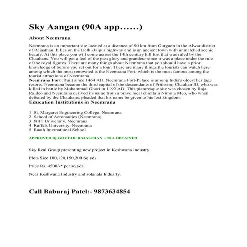 Approved plots in neemranabehror nh8 3