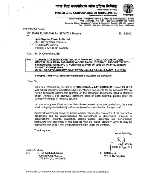 Stringing Chart for 400 KV D/C Quad Transmission Line