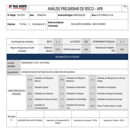 Análise Preliminar de Risco para Manutenção no Alto Forno: Segurança e ...