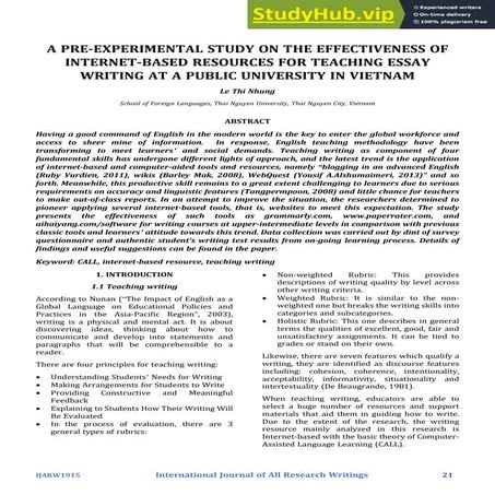 A PRE-EXPERIMENTAL STUDY ON THE EFFECTIVENESS OF INTERNET-BASED RESOURCES FOR...