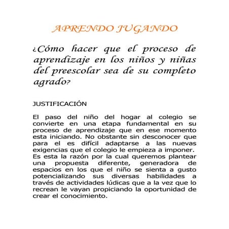 Aprendo jugando. proyecto de aula. preescolar