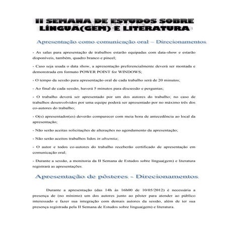 Apresentacao de pôsteres e comunicação oral na semana de letras