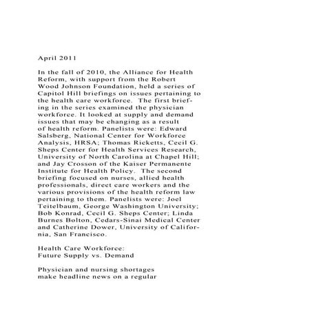 April 2011In the fall of 2010, the Alliance for Health R.docx