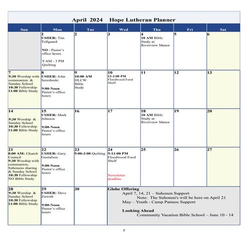 September 2024 Calendar of Events Hope Lutheran Church Floodwood | PDF
