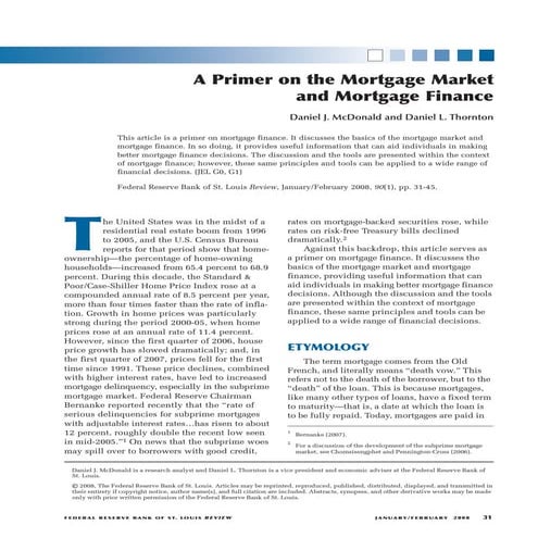 A Primer On The Mortgage Market And Mortgage Finance   Mc Donald