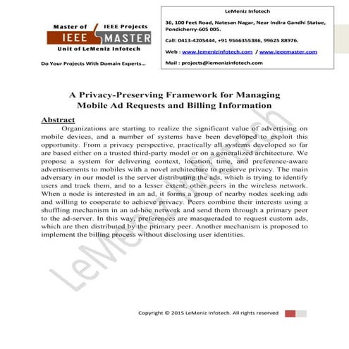 A privacy preserving framework for managing mobile ad requests and billing in...