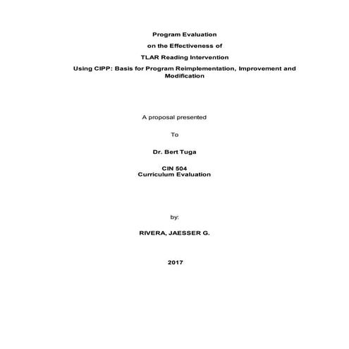 A program evaluation on the effectiveness of tlar reading intervention using cipp