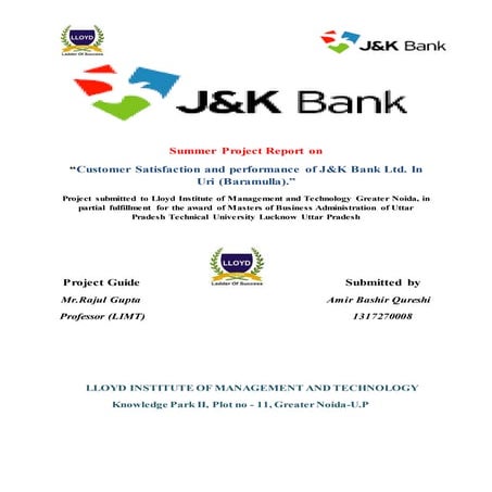 SUMMER PROJECT ON CUSTOMER SATISFACTION  AND PERFORMANCE OF JAMMU AND KASHMIR...