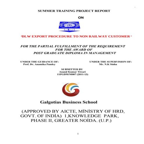 A project report on dlw export procedure to non railway customer by anand kum...