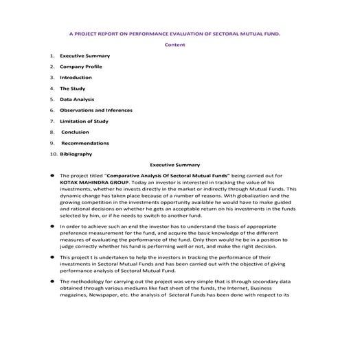 A project report on performance evaluation of sectoral mutual fund | DOCX