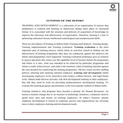 A project report on training and development in sahara india
