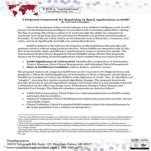 A Proposed Framework for Regulating AI Based Applications in SaMD