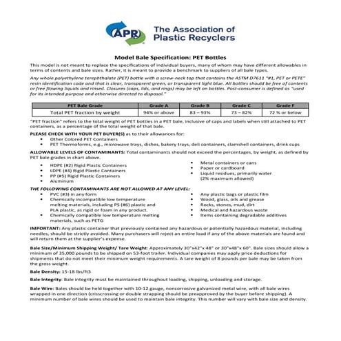 Apr pet bottles bale specification