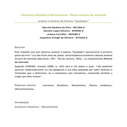 Aps 1   2015 - análise literária do poema saudades de álvares de azevedo (1)