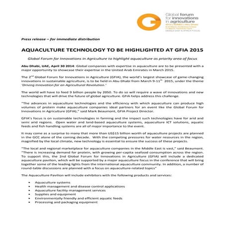 AQUACULTURE TECHNOLOGY TO BE HIGHLIGHTED AT GFIA 2015