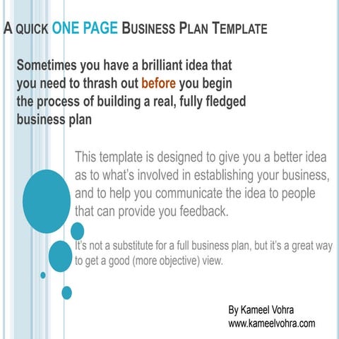 A quick ONE PAGE Business Plan Template