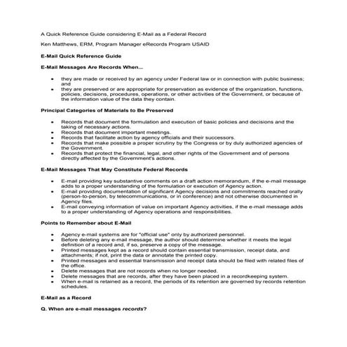 A Quick Reference Guide Considering E Mail As A Federal Record, 2 2010
