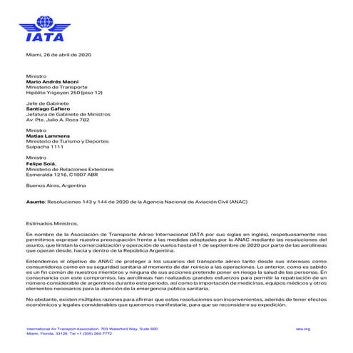 Carta de IATA a Gobierno Argentino