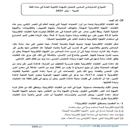 النماذج الاسترشادية للثانوية العامة 2025 اللغة العربية