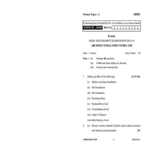 Ar803 Architectural Structure Question Paper