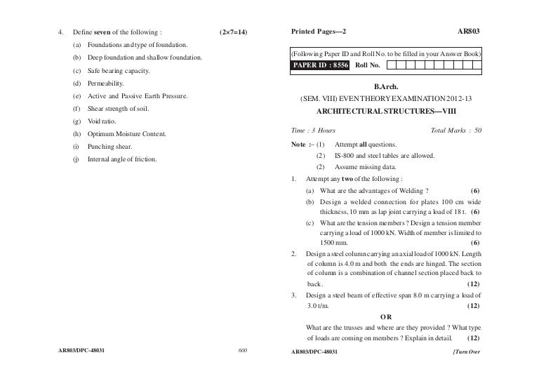 Ar803 Architectural Structure Question Paper2013