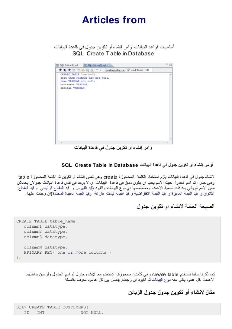 أساسيات قواعد البيانات أوامر إنشاء أو تكوين جدول في قاعدة البيانات