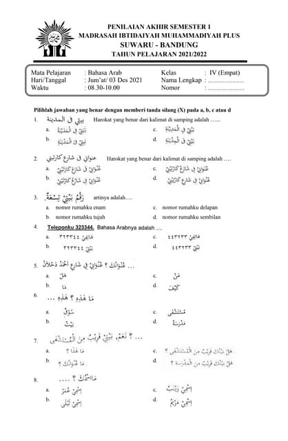 Contoh Soal Bahasa Arab Kelas 4 SD