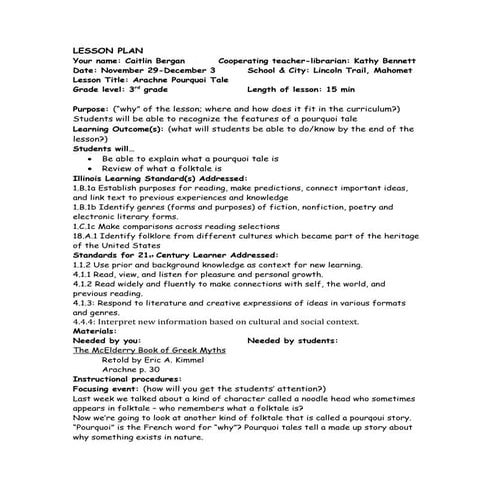 Grade 10 Lesson Plan: Arachne by Olivia Coolidge | DOCX