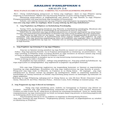 Araling Panlipunan 6 Hand out- Mga Pangyayari sa Pag-Usbong ng Nasyonalismong...