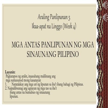 Araling panlipunan 5 antas ng pamumuhay ng mga sinaunang filipino