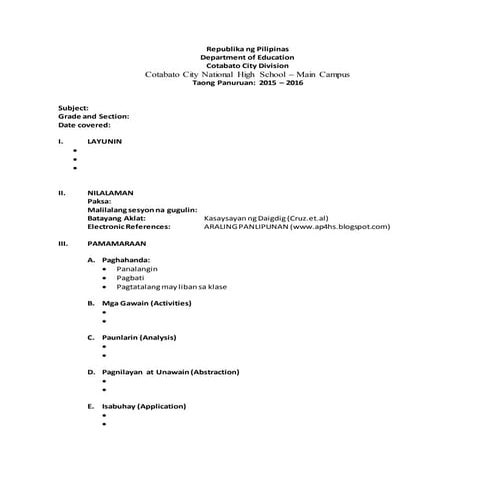 Araling Panlipunan Lesson Plan Template