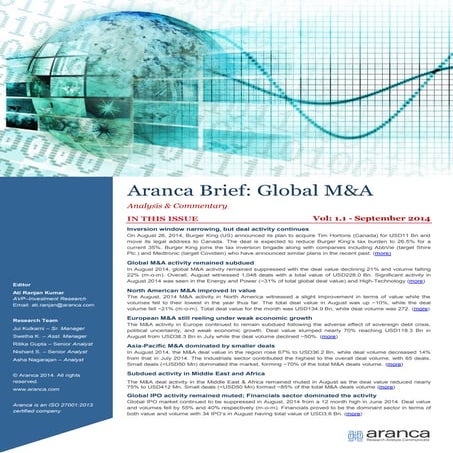 Aranca Brief | Global Deals (M & A) - Volume-1-1 - September 2014