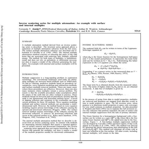 Inverse scattering series for multiple attenuation: An example with surface a...