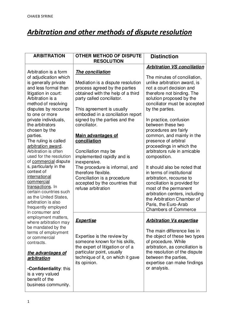 Arbitration and others methods of dispute resolution