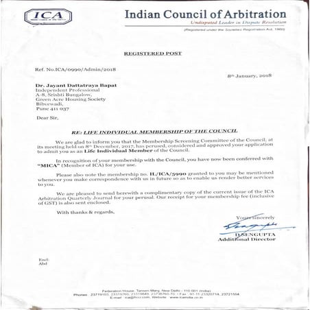 Dr J D Bapat: Indian Council of Arbitration: Life Membership
