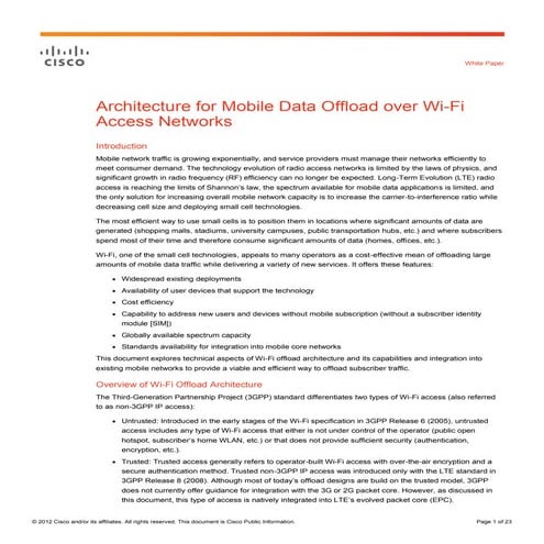 Architecture for Mobile Data Offload over Wi-Fi Access Networks