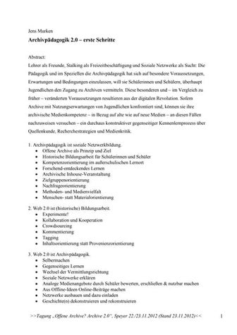 Archivpädagogik 2.0 – erste schritte, jens murken (landeskirchliches archiv, ...