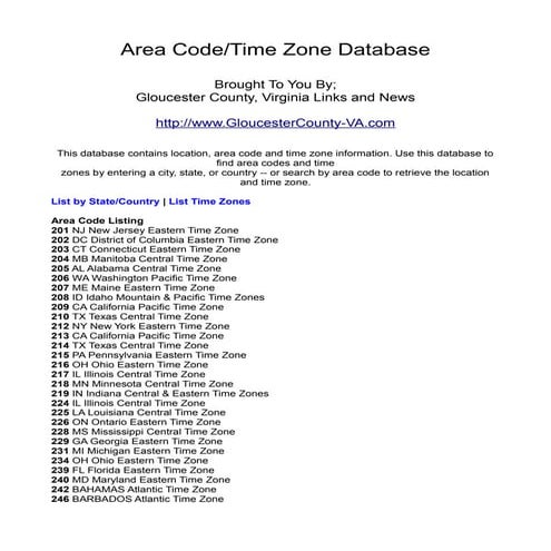 Area Code and Time Zone Database | PDF
